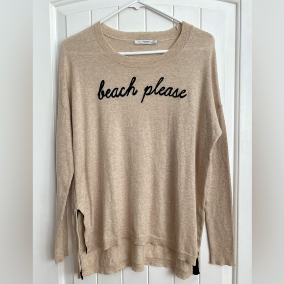 Subtle Luxury Tan Natural Jane Sweater "Beach Please" Embroidery XS / Small - Picture 2 of 6